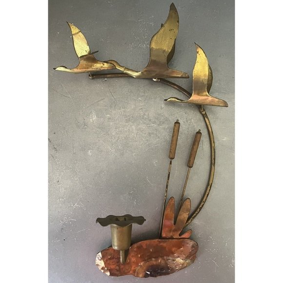 VINTAGE MCM SEAGULLS METAL WALL HANGING BIRDS CANDLE HOLDER BRASS SET OF 2 - Picture 3 of 11